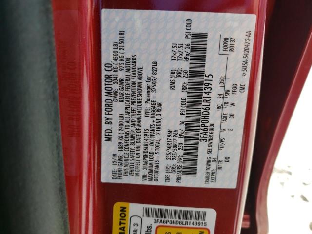 3FA6P0HD6LR143915 - 2020 FORD FUSION SE RED photo 12