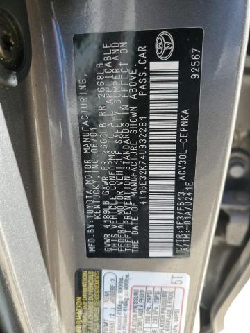 4T1BE32K74U932281 - 2004 TOYOTA CAMRY LE GRAY photo 12