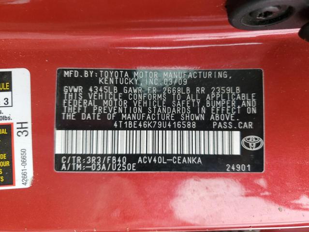 4T1BE46K79U416588 - 2009 TOYOTA CAMRY BASE RED photo 12