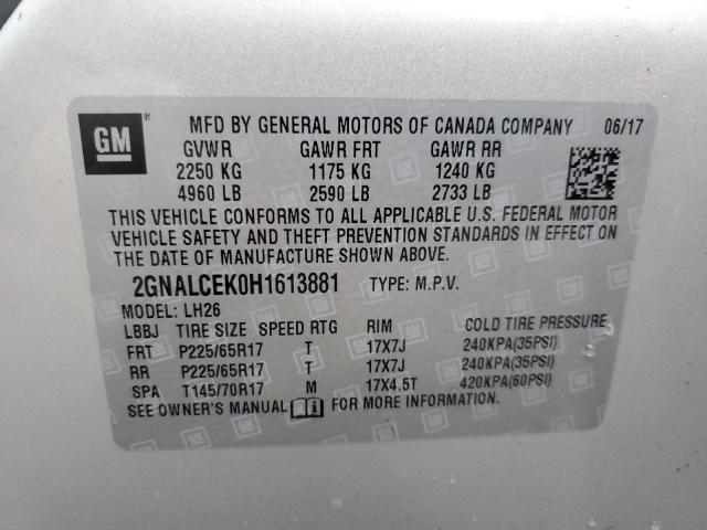 2GNALCEK0H1613881 - 2017 CHEVROLET EQUINOX LT SILVER photo 13