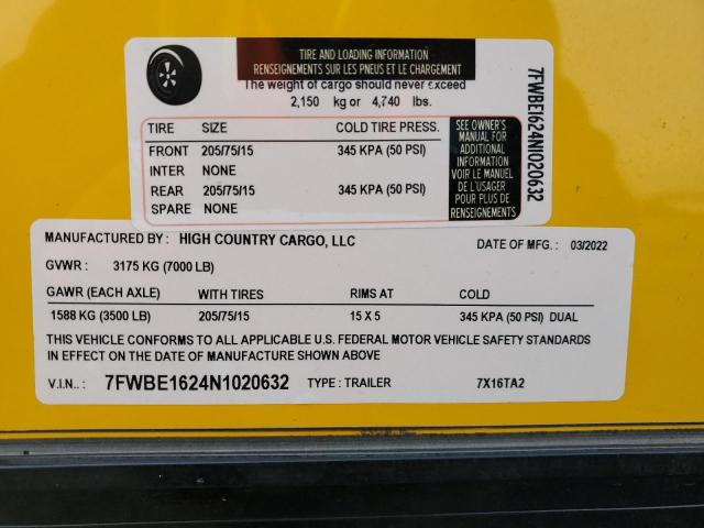 7FWBE1624N1020632 - 2022 HIGH TRAILER YELLOW photo 12