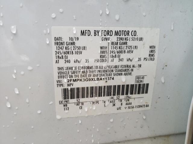 2FMPK3G9XLBA11374 - 2020 FORD EDGE SE WHITE photo 13