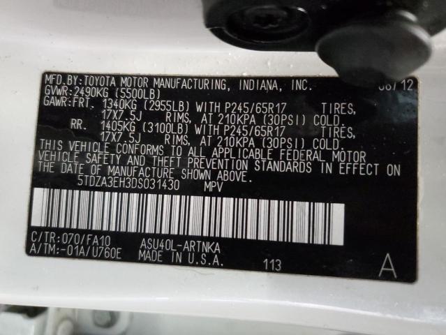 5TDZA3EH3DS031430 - 2013 TOYOTA HIGHLANDER BASE Blanc photo 13