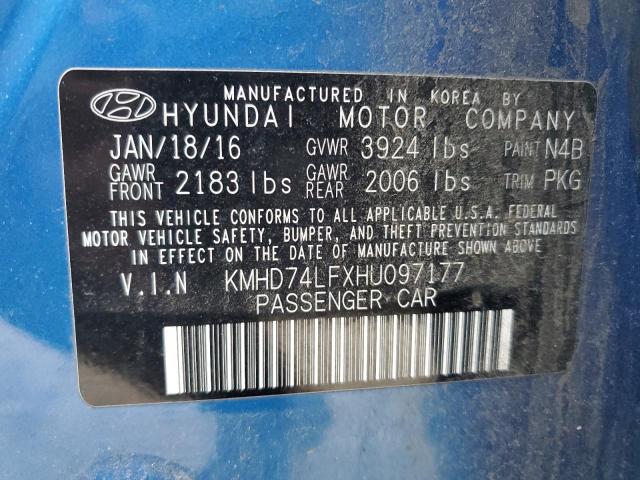 KMHD74LFXHU097177 - 2017 HYUNDAI ELANTRA SE BLUE photo 13