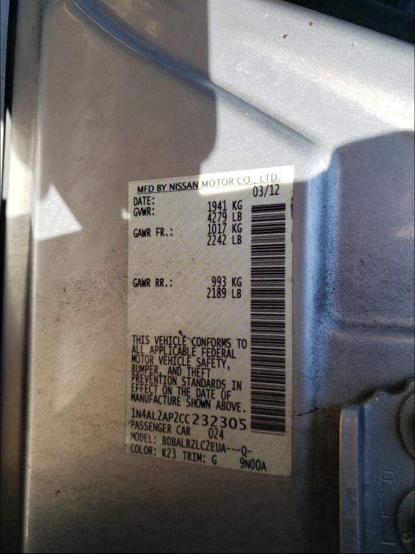 1N4AL2AP2CC232305 - 2012 NISSAN ALTIMA BAS SILVER photo 10