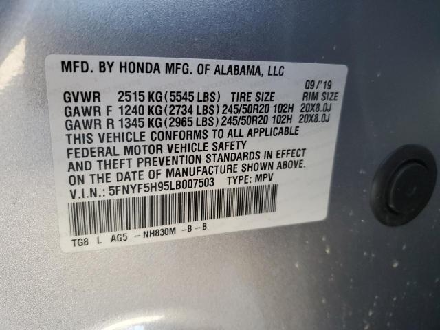 5FNYF5H95LB007503 - 2020 HONDA PILOT TOURING SILVER photo 13