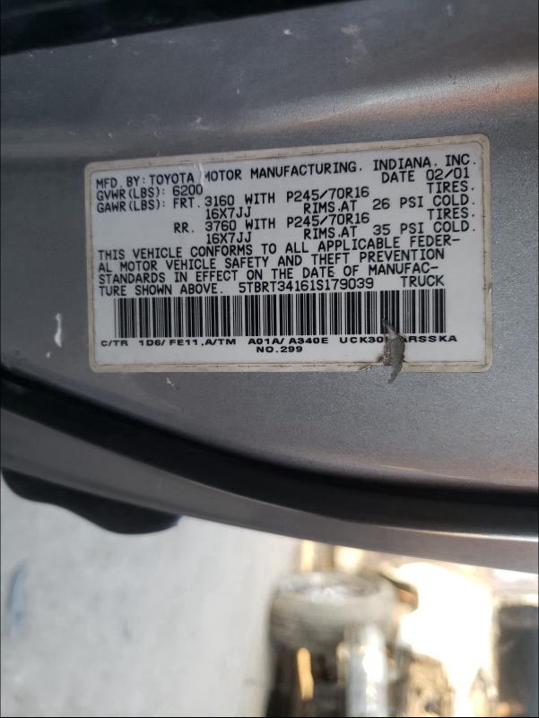 5TBRT34161S179039 - 2001 TOYOTA TUNDRA ACCESS CAB GRAY photo 10