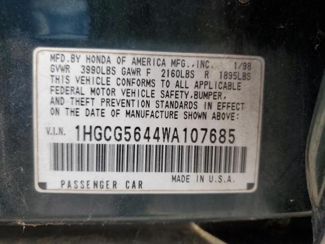 1HGCG5644WA107685 - 1998 HONDA ACCORD LX GREEN photo 12