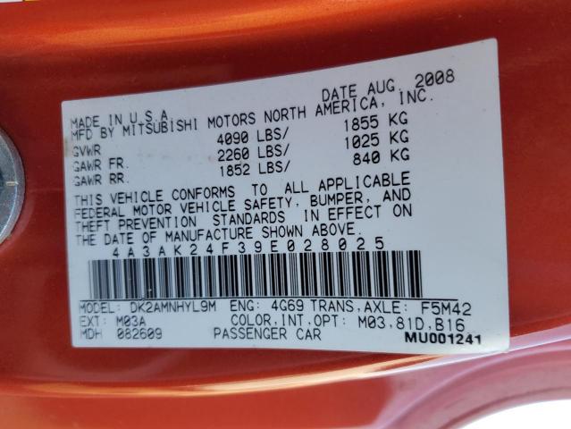 4A3AK24F39E028025 - 2009 MITSUBISHI ECLIPSE GS ORANGE photo 12