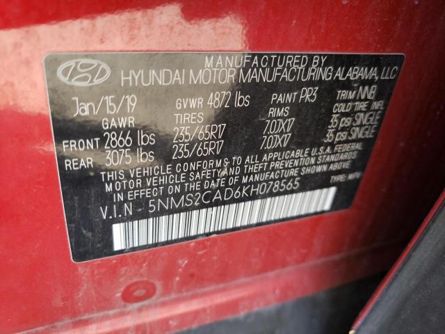 5NMS2CAD6KH078565 - 2019 HYUNDAI SANTA FE SE RED photo 12