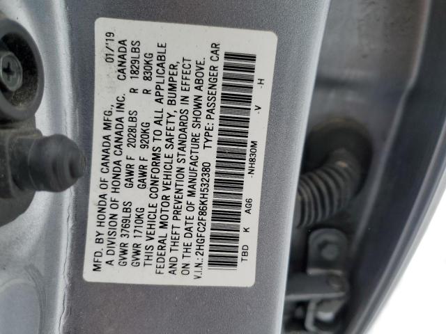 2HGFC2F86KH532380 - 2019 HONDA CIVIC SPORT ვერცხლისფერი ფოტო 12