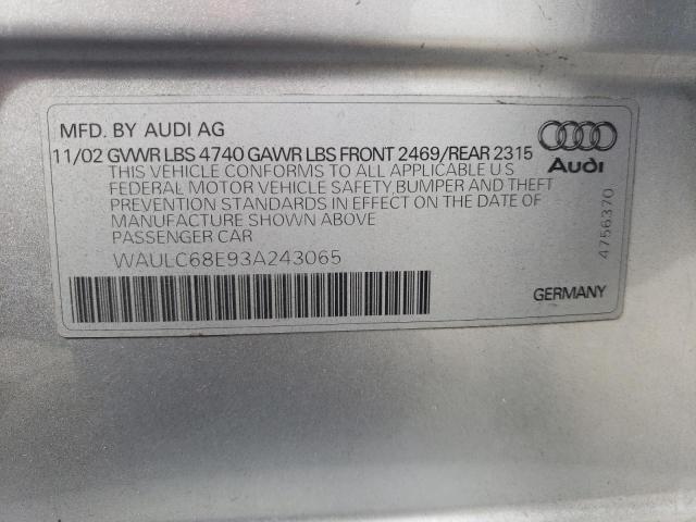 WAULC68E93A243065 - 2003 AUDI A4 1.8T QUATTRO SILVER photo 12