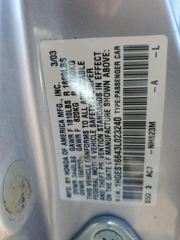 1HGES16643L023240 - 2003 HONDA CIVIC LX SILVER photo 12