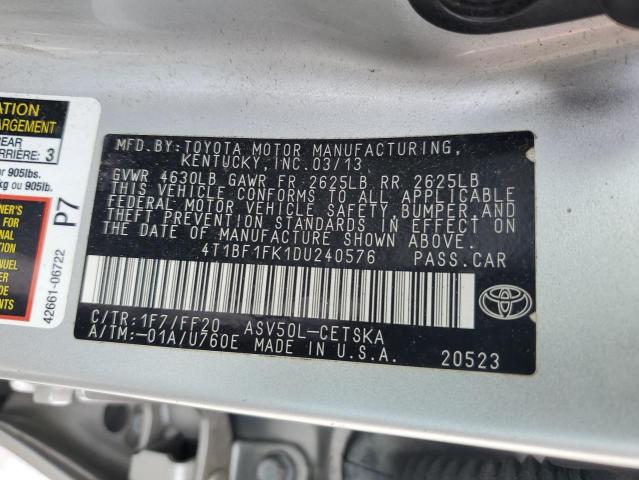 4T1BF1FK1DU240576 - 2013 TOYOTA CAMRY L SILVER photo 13