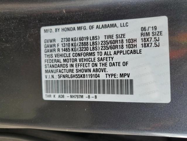 5FNRL6H55KB119104 - 2019 HONDA ODYSSEY EX GRAY photo 13