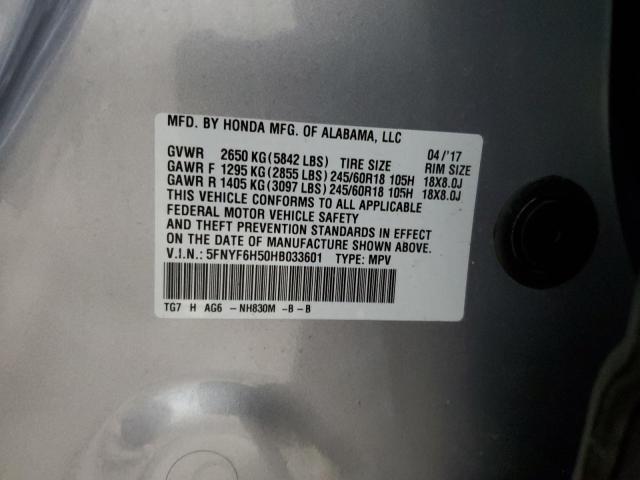 5FNYF6H50HB033601 - 2017 HONDA PILOT EXL SILVER photo 14