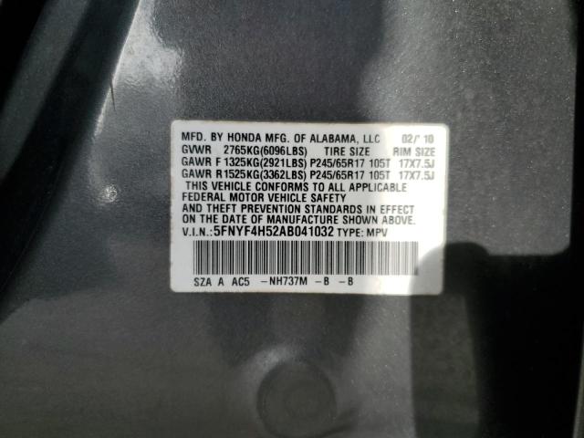 5FNYF4H52AB041032 - 2010 HONDA PILOT EXL GRAY photo 13