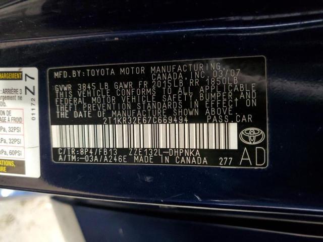 2T1KR32E67C669494 - 2007 TOYOTA COROLLA MA XR BLUE photo 12