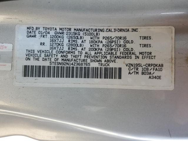 5TESN92N14Z368765 - 2004 TOYOTA TACOMA XTRACAB PRERUNNER 银色 照片 13