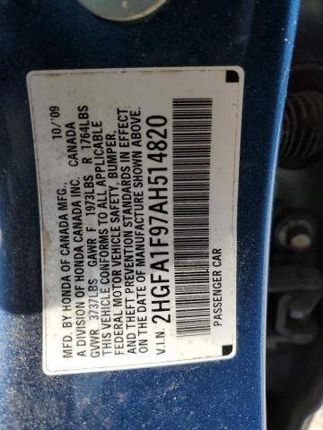 2HGFA1F97AH514820 - 2010 HONDA CIVIC EXL ლურჯი ფოტო 13