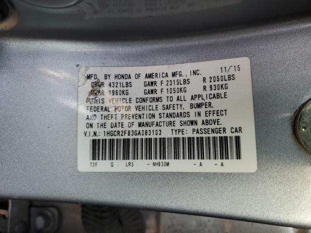 1HGCR2F83GA083103 - 2016 HONDA ACCORD EXL SILVER photo 12