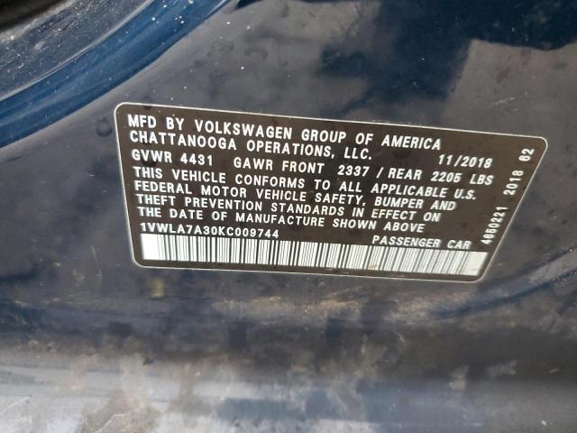 1VWLA7A30KC009744 - 2019 VOLKSWAGEN PASSAT WOLFSBURG BLUE photo 12