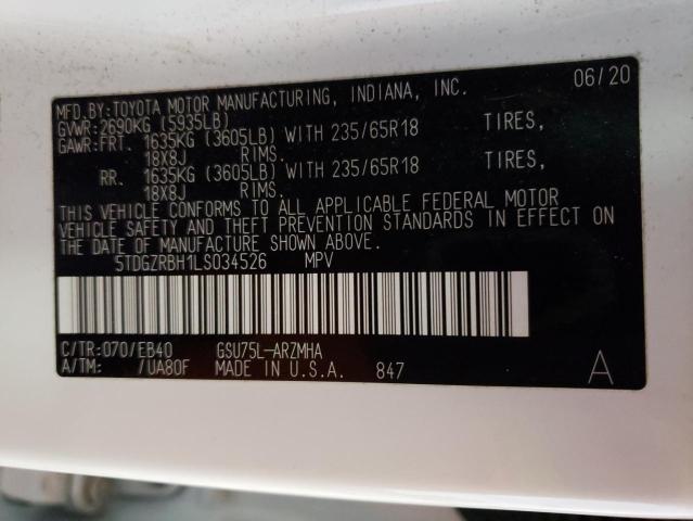 5TDGZRBH1LS034526 - 2020 TOYOTA HIGHLANDER XLE WHITE photo 13