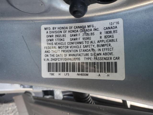 2HGFC1F70HH638205 - 2017 HONDA CIVIC EXL ვერცხლისფერი ფოტო 12