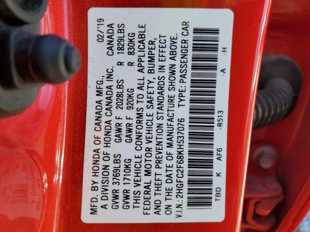 2HGFC2F68KH537076 - 2019 HONDA CIVIC LX RED photo 13