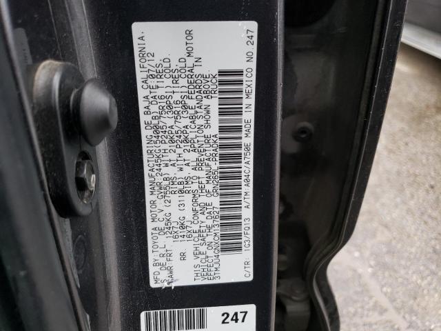 3TMJU4GNXCM137627 - 2012 TOYOTA TACOMA DOUBLE CAB PRERUNNER GRAY photo 12