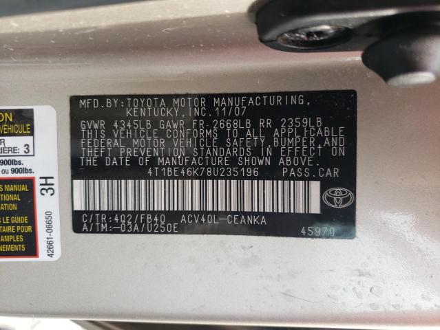 4T1BE46K78U235196 - 2008 TOYOTA CAMRY CE TAN photo 12