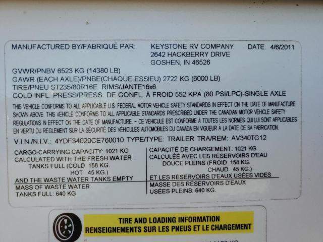 4YDF34020CE760010 - 2012 KEYSTONE AVALANCHE თეთრი ფოტო 10