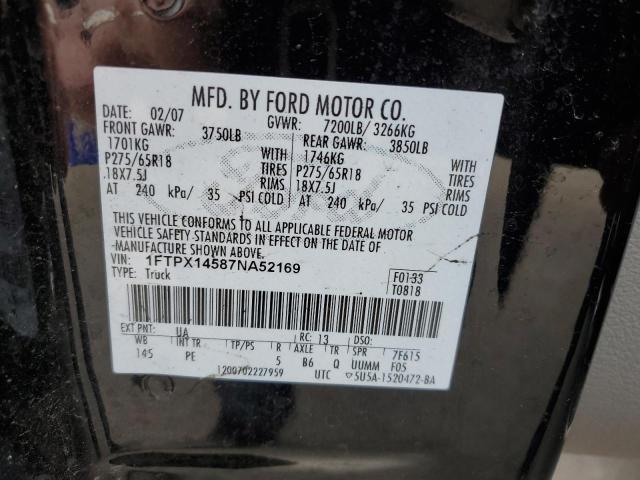 1FTPX14587NA52169 - 2007 FORD F150 BLACK photo 12