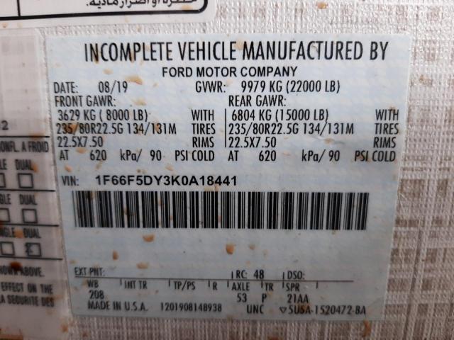 1F66F5DY3K0A18441 - 2019 FORD F53 BLACK photo 10