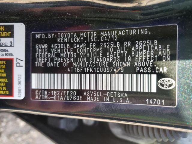 4T1BF1FK1CU097479 - 2012 TOYOTA CAMRY BASE CHARCOAL photo 10