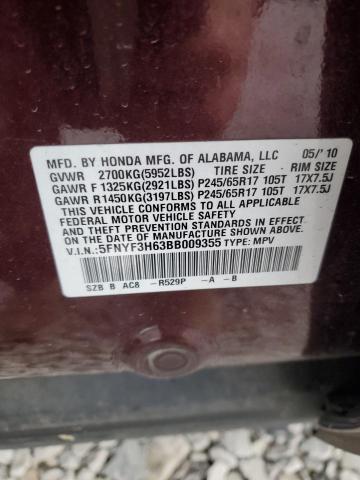 5FNYF3H63BB009355 - 2011 HONDA PILOT EXL BURGUNDY photo 13