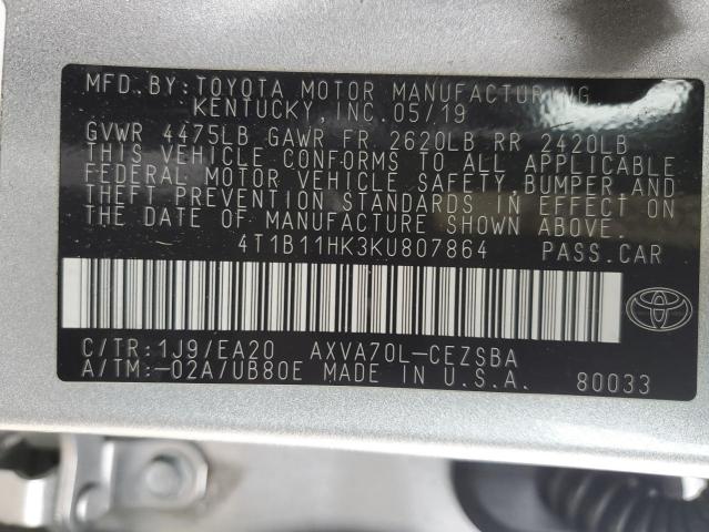 4T1B11HK3KU807864 - 2019 TOYOTA CAMRY L SILVER photo 12