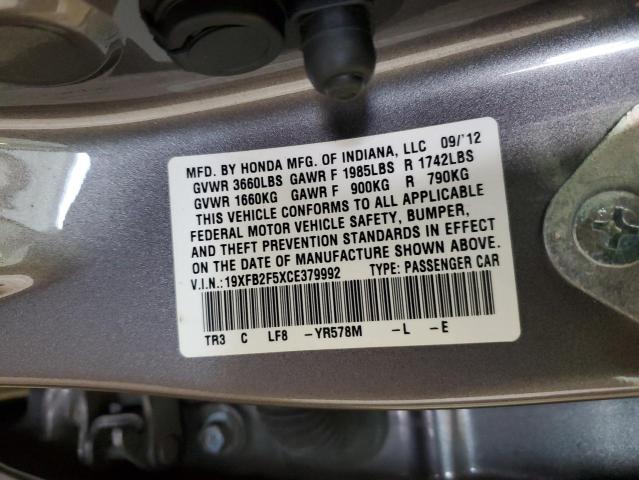 19XFB2F5XCE379992 - 2012 HONDA CIVIC LX GRAY photo 13