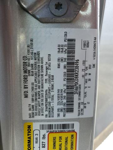 3FA6P0CD8KR238496 - 2019 FORD FUSION SEL SILVER photo 13