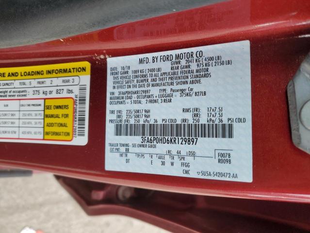 3FA6P0HD6KR129897 - 2019 FORD FUSION SE RED photo 12