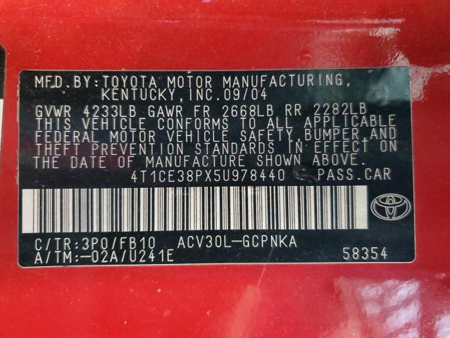 4T1CE38PX5U978440 - 2005 TOYOTA CAMRY SOLA SE RED photo 12