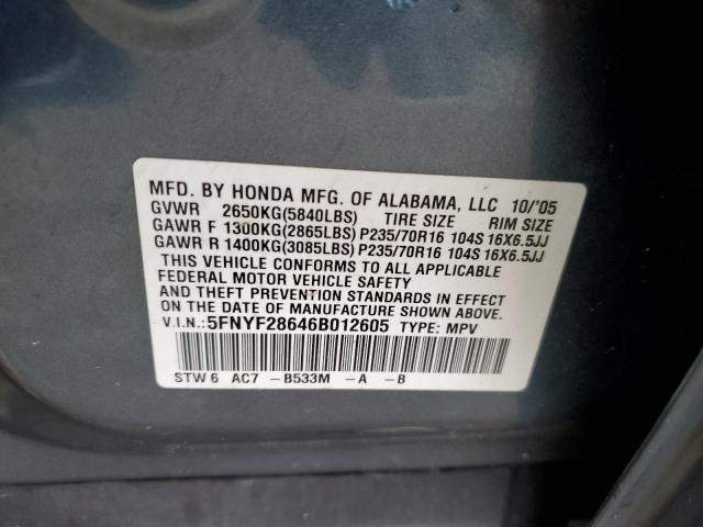 5FNYF28646B012605 - 2006 HONDA PILOT EX BLUE photo 12