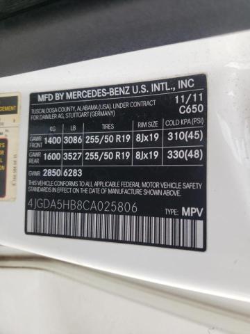 4JGDA5HB8CA025806 - 2012 MERCEDES-BENZ ML 350 4MATIC WHITE photo 12