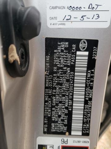 4T1BF1FK2DU247259 - 2013 TOYOTA CAMRY L SILVER photo 12