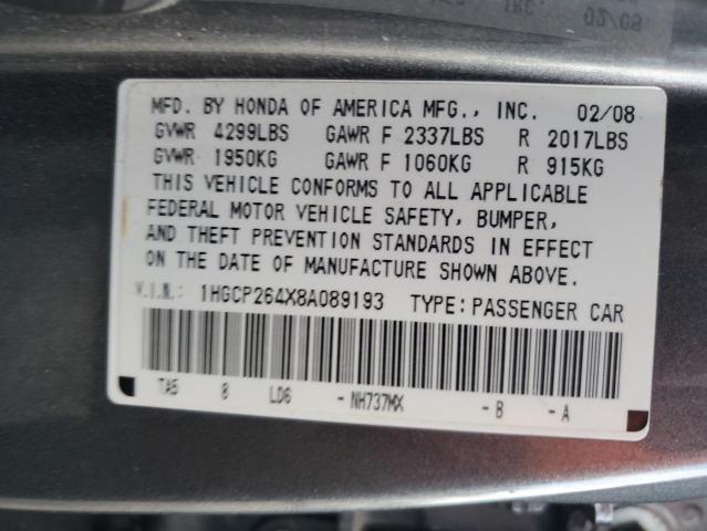 1HGCP264X8A089193 - 2008 HONDA ACCORD LXP GRAY photo 13