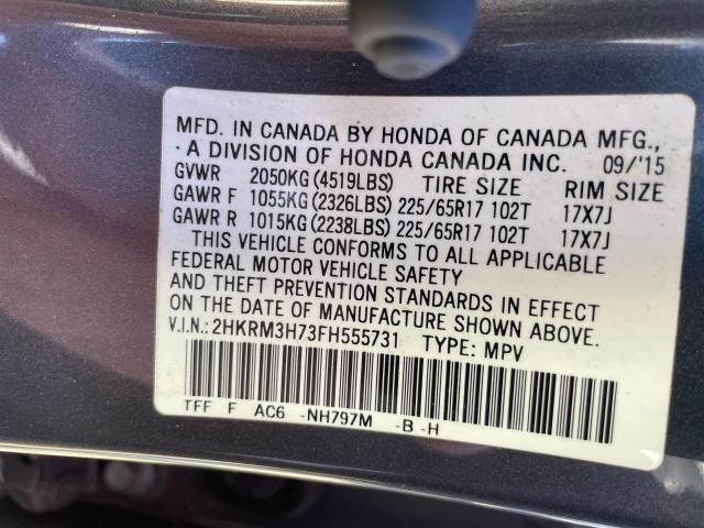 2HKRM3H73FH555731 - 2015 HONDA CR-V EXL GRAY photo 10