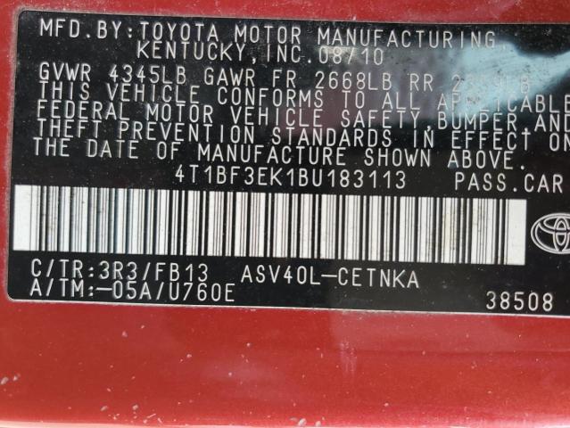 4T1BF3EK1BU183113 - 2011 TOYOTA CAMRY BASE RED photo 12