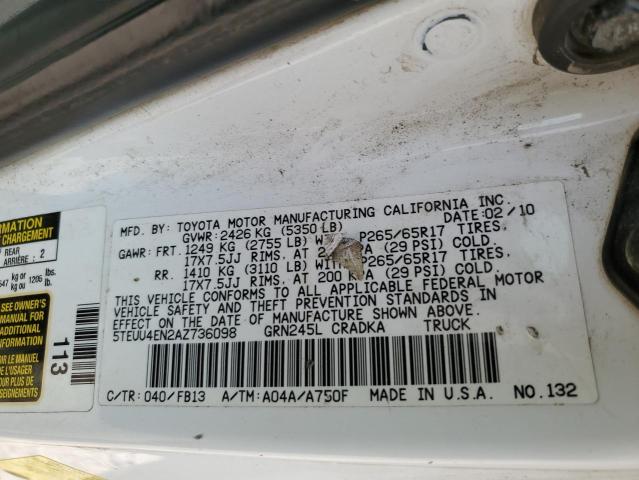 5TEUU4EN2AZ736098 - 2010 TOYOTA TACOMA ACCESS CAB თეთრი ფოტო 12