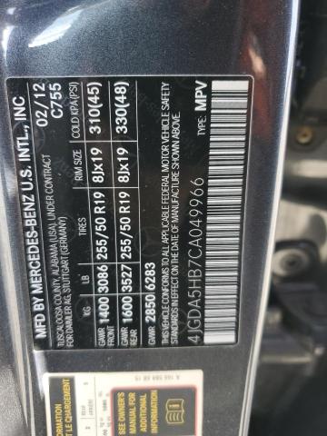 4JGDA5HB7CA049966 - 2012 MERCEDES-BENZ ML 350 4MATIC GRAY photo 12