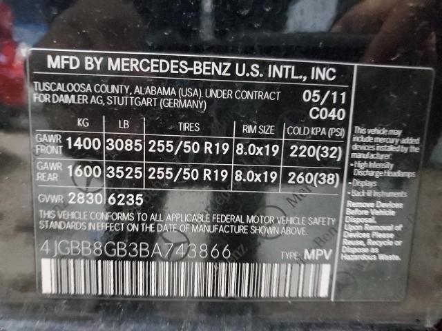 4JGBB8GB3BA743866 - 2011 MERCEDES-BENZ ML 350 4MATIC BLACK photo 12